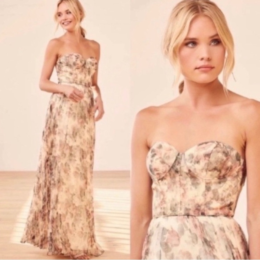 Lulus strapless taupe maxi floral back lace up formal dress